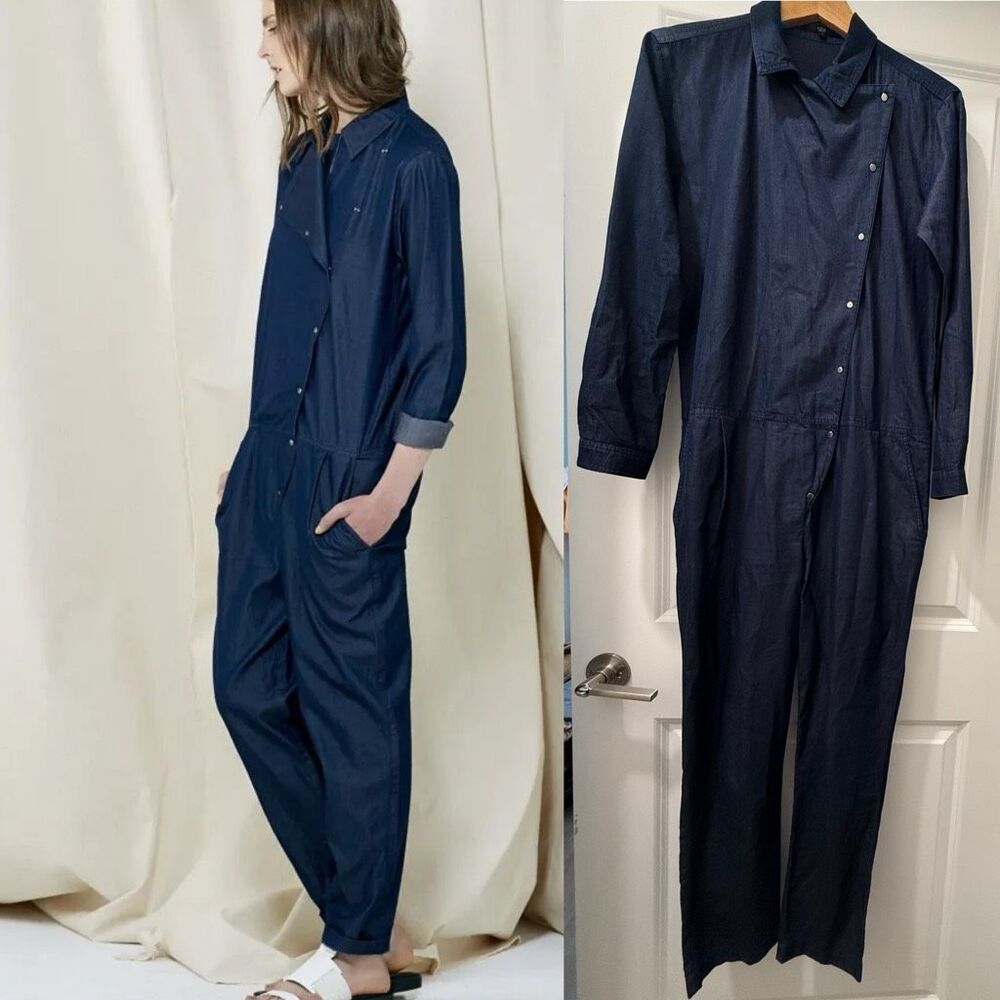 Tibi Boiler Denim Jumpsuit Resort 2014 collection dark wash denim long sleeves s